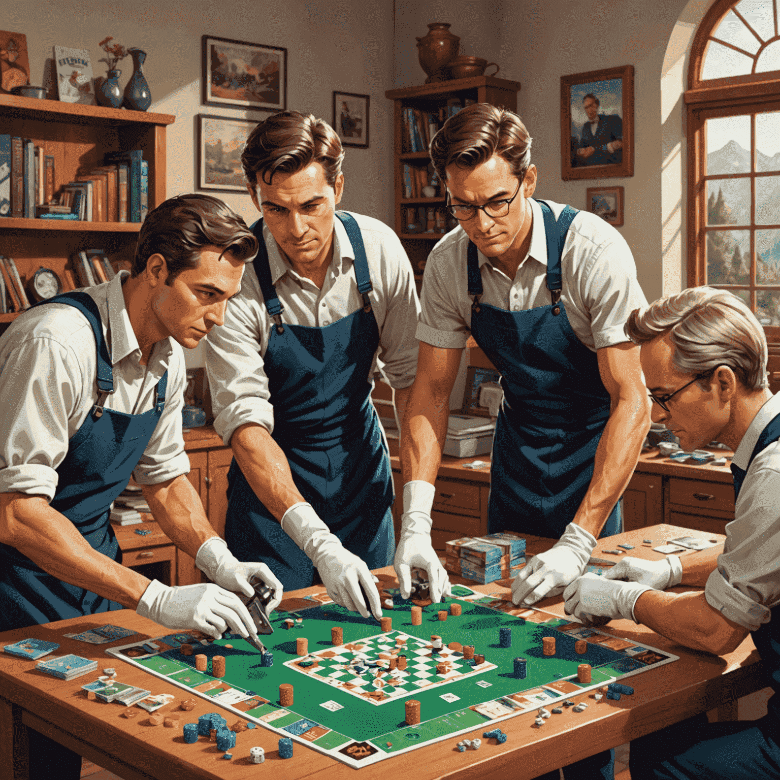 Tim BoardCare sedang merawat game papan dengan hati-hati. Terlihat beberapa orang mengenakan sarung tangan putih, membersihkan dan memeriksa komponen game dengan teliti.