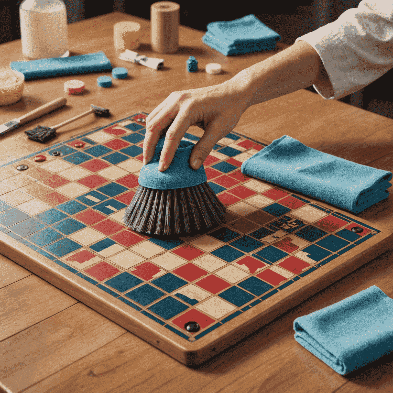 Ilustrasi membersihkan papan permainan dengan kuas lembut dan kain mikrofiber