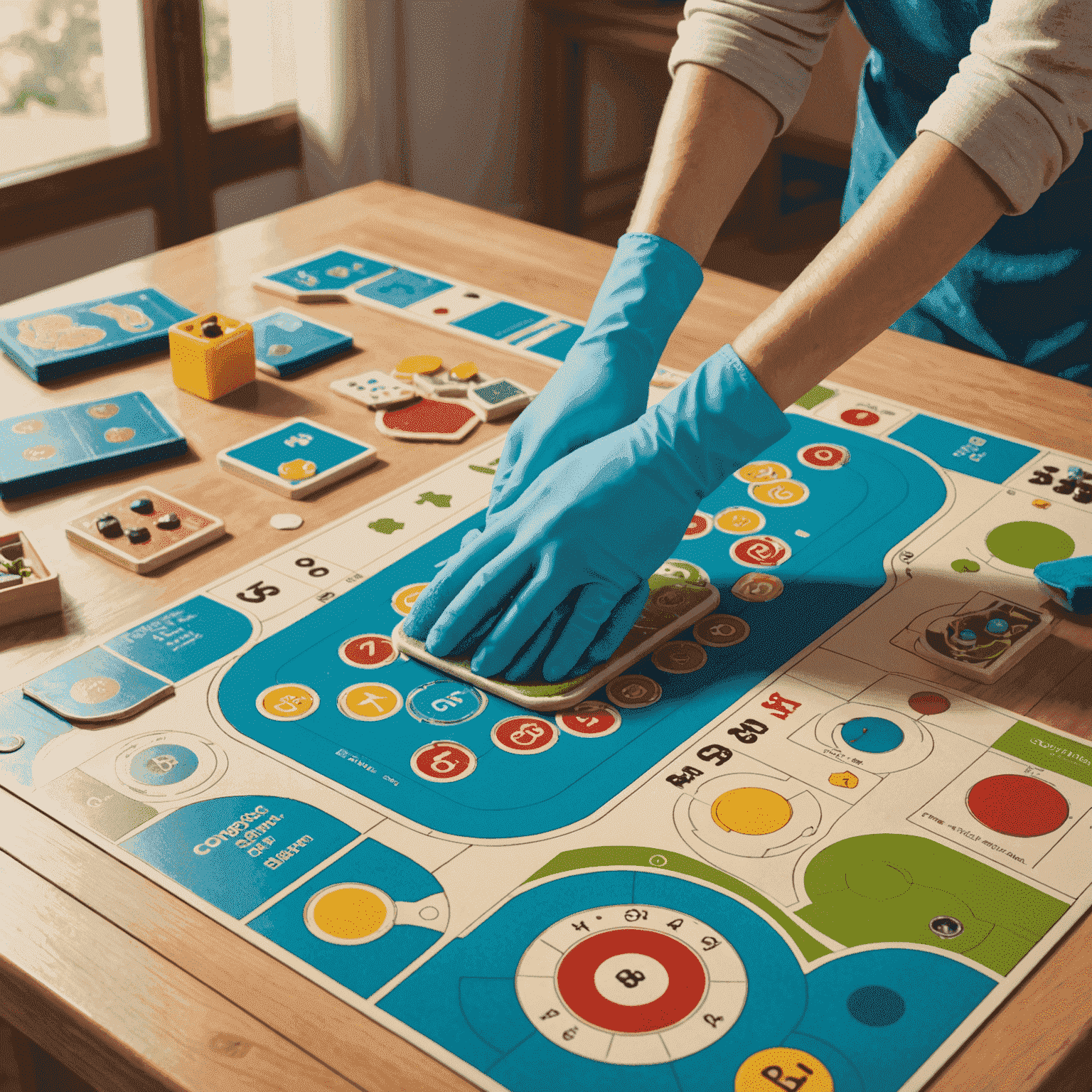 Ilustrasi membersihkan permainan papan dengan kuas lembut dan kain mikrofiber