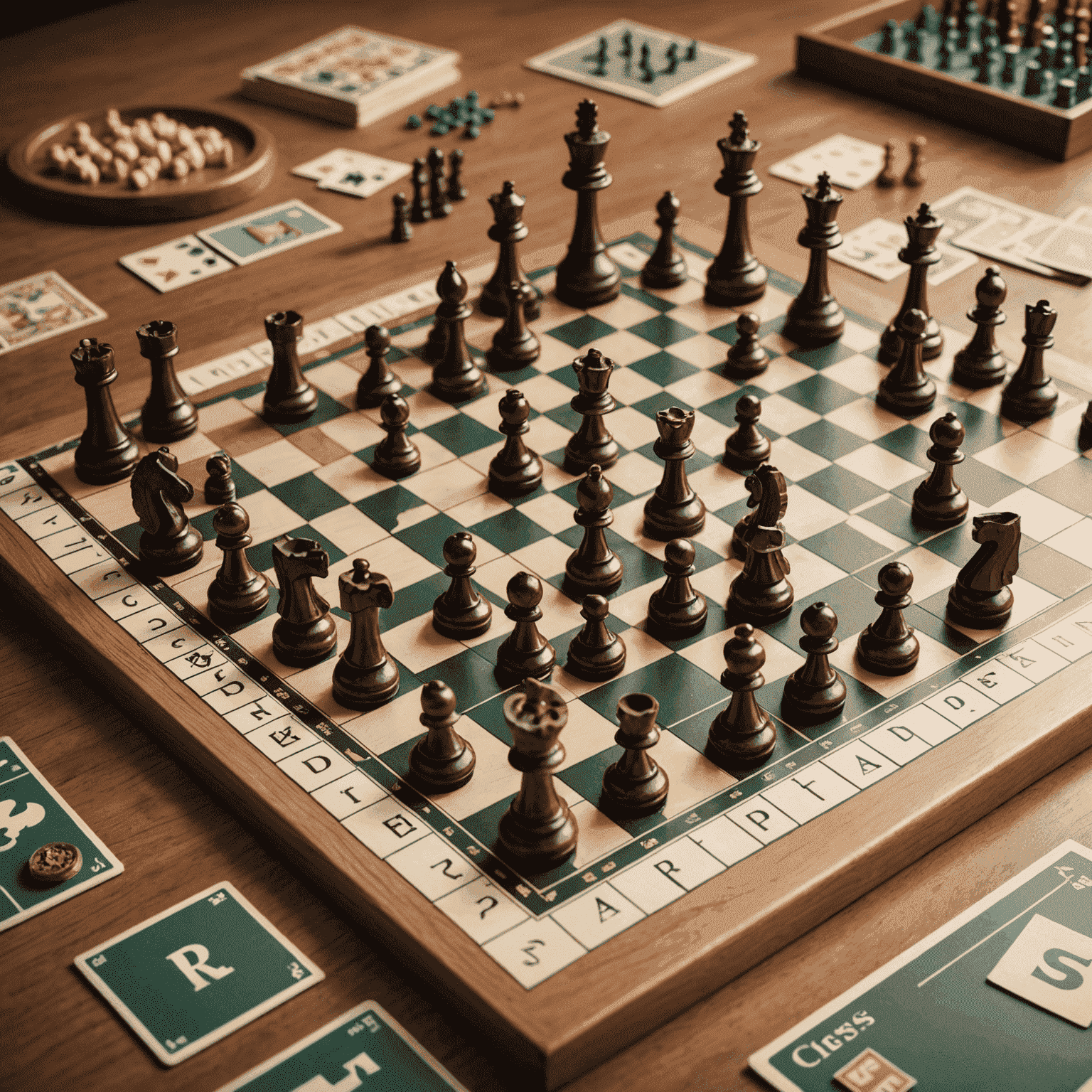 Ilustrasi berbagai permainan papan yang bersih dan terawat dengan baik, termasuk papan catur, Monopoly, dan Scrabble