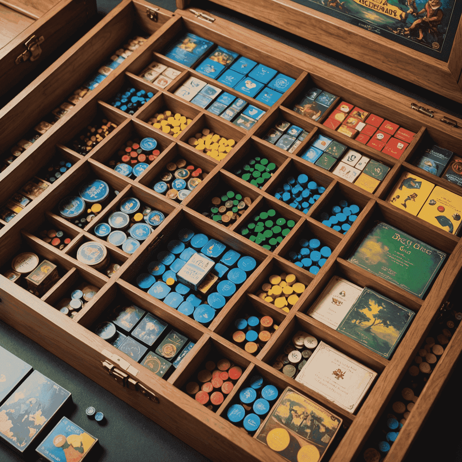 Berbagai kotak penyimpanan permainan papan yang terorganisir dengan rapi, menampilkan beragam ukuran dan jenis kotak penyimpanan yang cocok untuk berbagai jenis permainan papan
