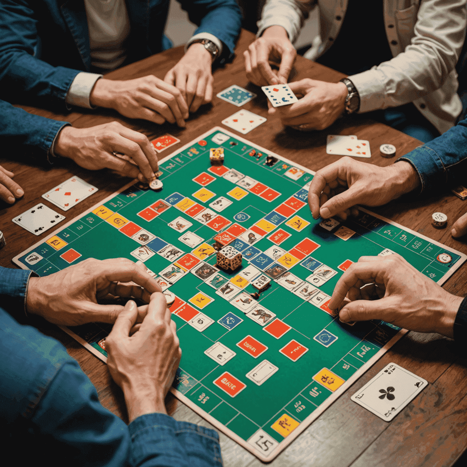Orang-orang bermain permainan papan dengan hati-hati, menunjukkan cara memegang kartu dan memindahkan komponen dengan benar
