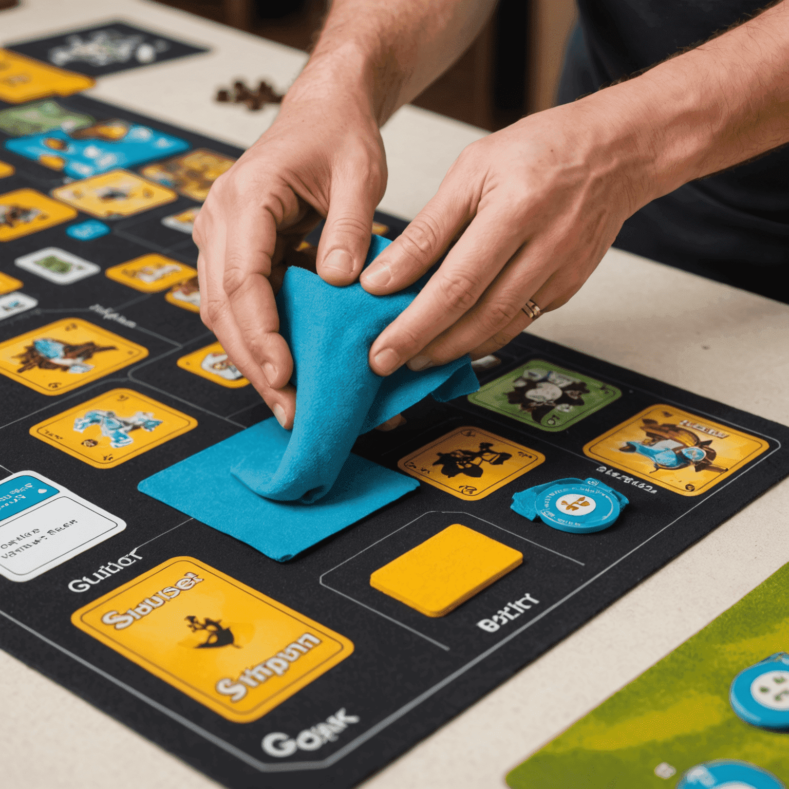 Demonstrasi cara membersihkan komponen board game menggunakan kain mikrofiber