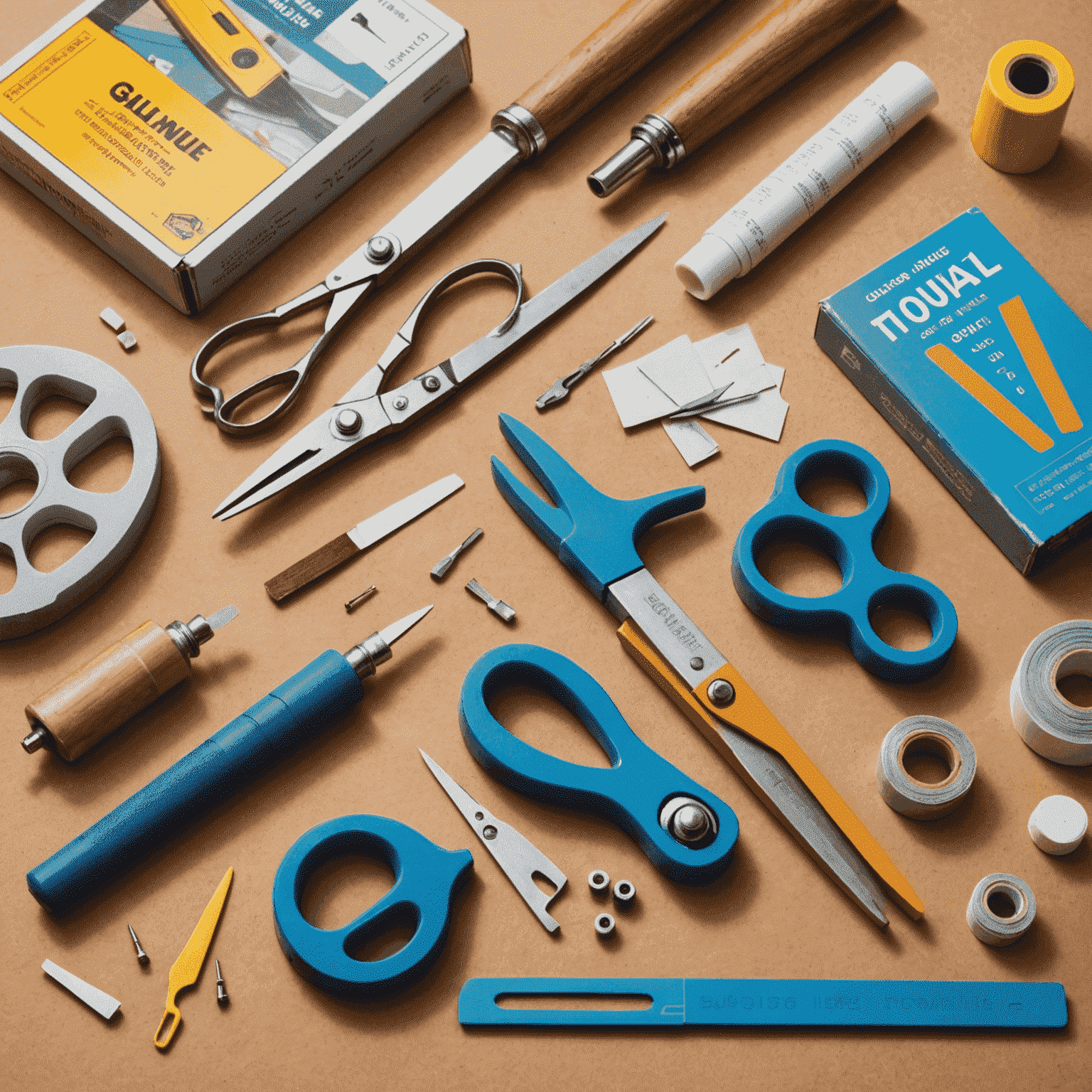 Alat dan bahan untuk memperbaiki permainan papan, seperti lem, gunting, dan pita perekat